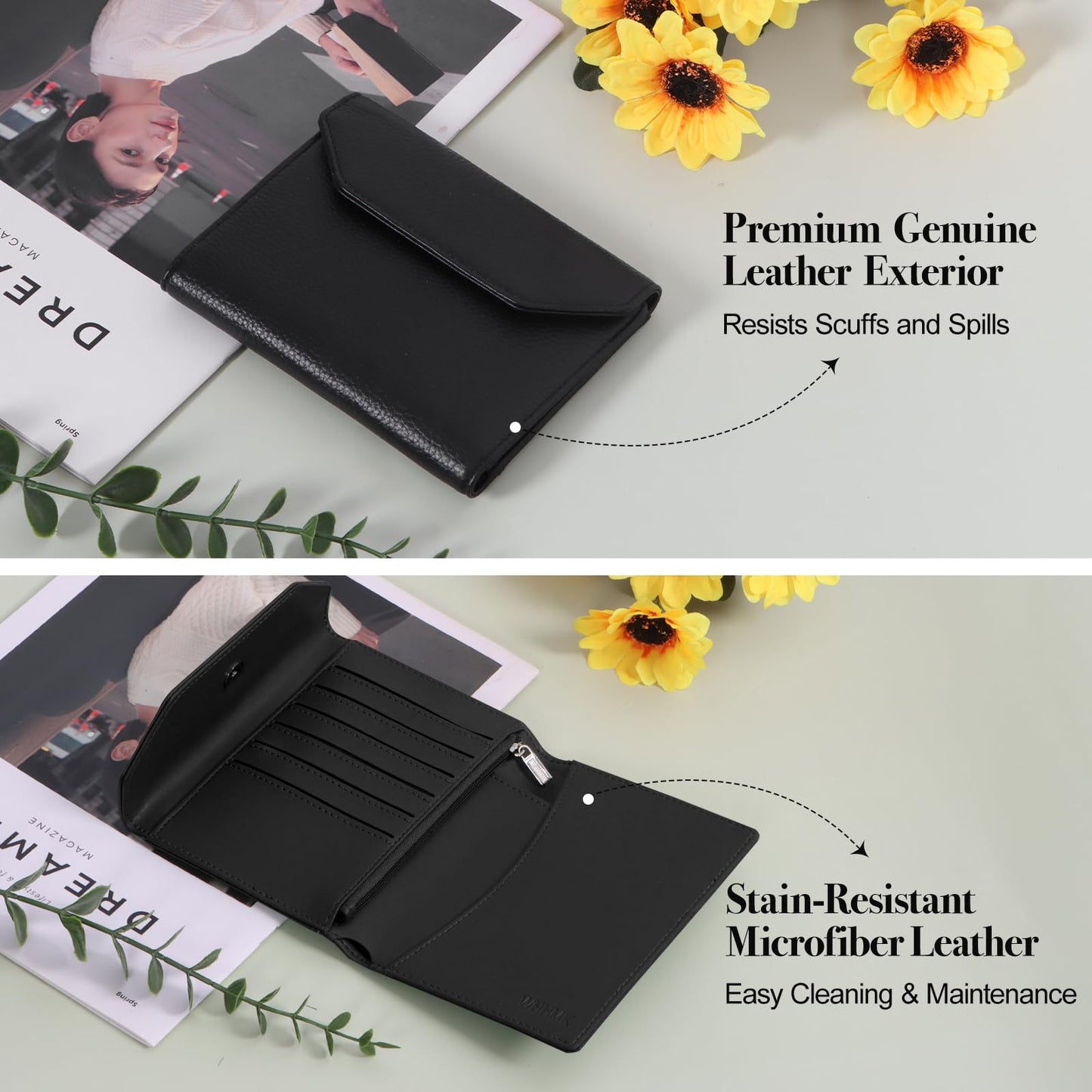WHHMK Leather Passport Holder for Travel,Rfid Passport Holder Protect Your Card Security,Passport Book Holder for Men Women,Travel Wallet with Cards & Pen Slot,Boarding Pass,Zipper Cash Pocket(Black)