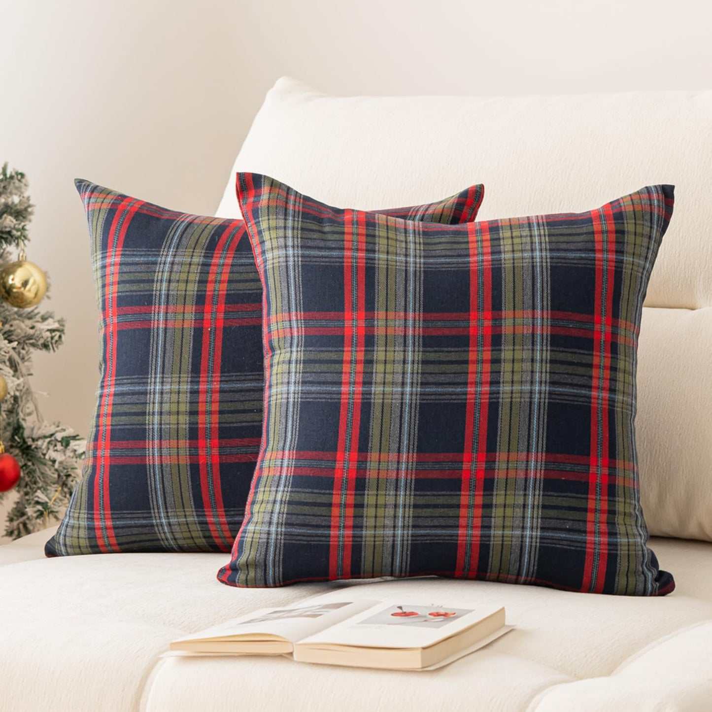 Huierxun Christmas Pillow Covers 18x18 Set of 2, Christmas Decorations Scottish Tartan Plaid Throw Pillow Cases Farmhouse Decorative Square Cushion Case for Sofa Couch Home Decor (Plaid D,18''x18'')