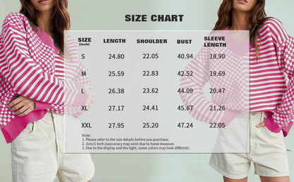 UNCLECAT Women's Striped Checkered Sweater 2025 V Neck Fall Sweaters Casual Knit Trendy Pullover Tops