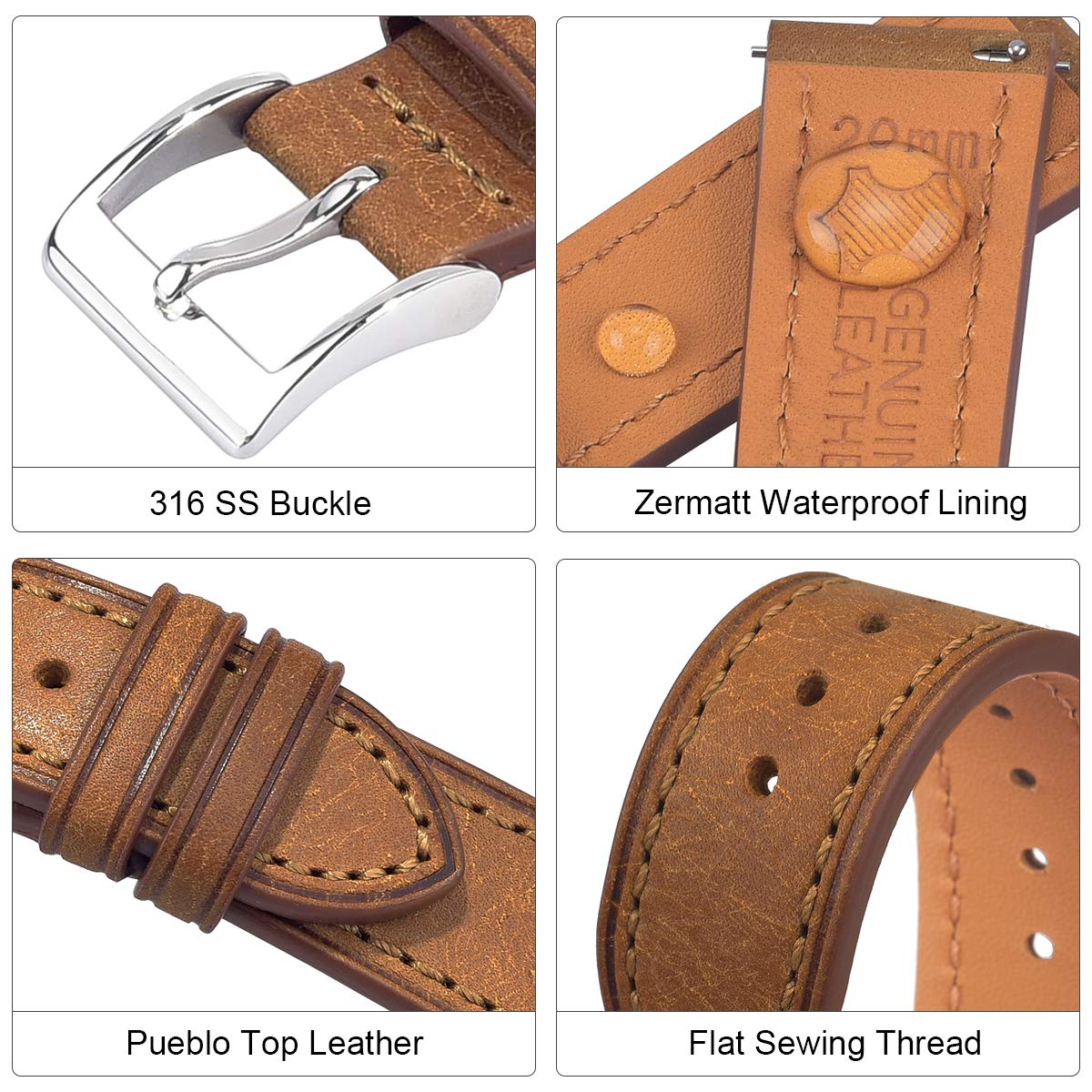EACHE 22mm Leather Watch Band for Men Top Grain, Quick Release Leather Watch Straps Italy Pueblo Tan
