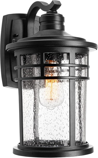 Darkaway Large Outdoor Porch Lights Wall Mount, 15inch Outdoor Light Fixtures Sconces Wall Lighting with Seeded Glass Exterior Lights for Patio Yard House Hallway Doorway Garage(Large, Black)