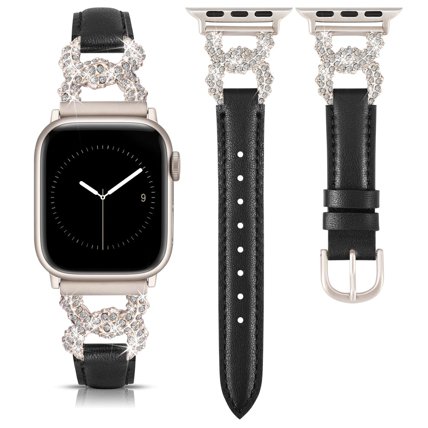 TOYOUTHS Leather Band Compatible with Apple Watch Bands Women 38/40/41/42mm Dressy Designer Diamond Interlock Buckle Thin Leather Strap for iWatch Series 11 10 9 8 7 6 5 4 SE 3 2 1, Black/Starlight