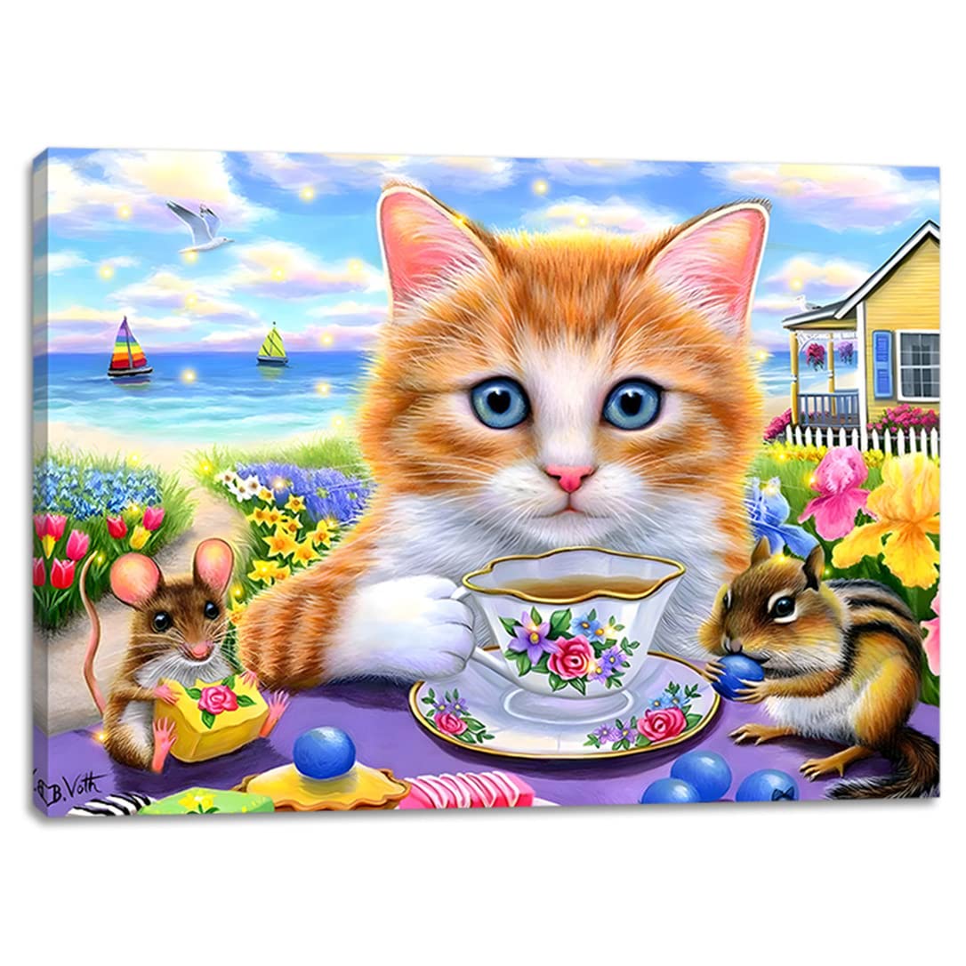 alottagifts Cat Tea TIme Lighted Canvas Wall Art Print 16" x 12" With Timer | LED Canvas Wall Art Print Design | Modern Artwork for Living Room (Cat Tea TIme, 16" x 12")