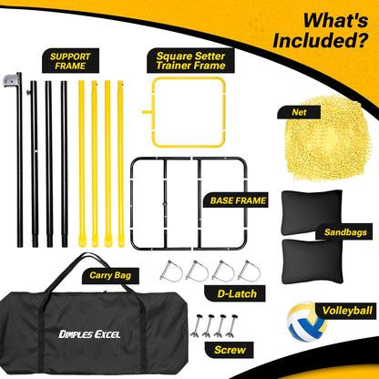 Dimples Excel 10.5 FT Adjustable Volleyball Setter Training Net with 3 Height Levels and 5 Ball Return Angles (70°–180°), Includes Volleyball, Pump, Carry Bag & Sandbags for Indoor/Outdoor Practice