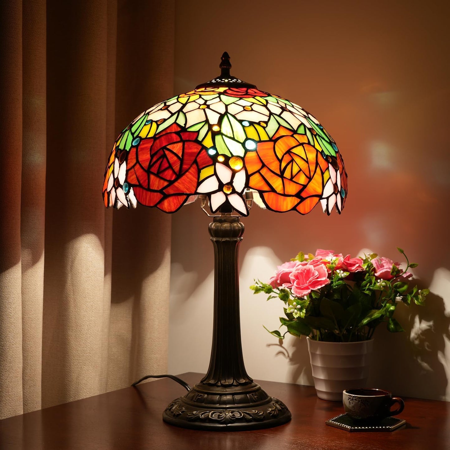 wecrejoni Tiffany Lamp Rose Flower Stained Glass Table Lamp 12X12X18 Inches Rose Style Desk Reading Light Decor Bedside Bedroom Living Room Home Festival Birthday Valentine's Day Christmas Gift