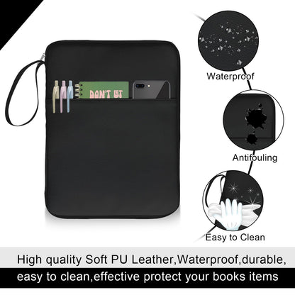QRZIQRZ Black Book Sleeve Kindle Pouch, Book Protector Case with Zipper, PU Leather Waterproof Book Cover Bag, Portable Book Pouch for Book Lovers Gifts Paperbacks Bibles Hardcover
