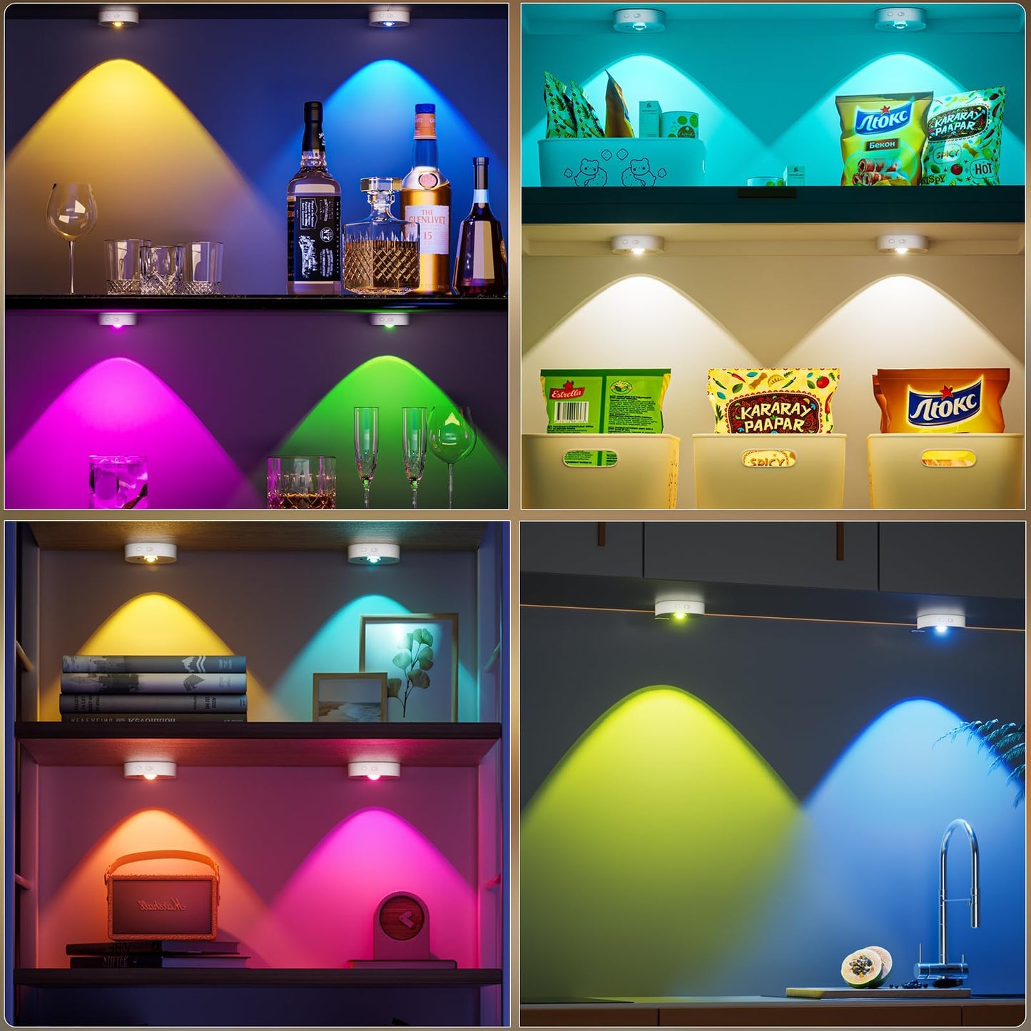 Under Cabinet Lighting, 1500mAh Rechargeable Puck Lights with Remote,13 RGB Colors, Magnetic Stick on Light, Dimmable Wireless Tap Light for Kitchen, Shelf, Pantry(White 6 Pack)