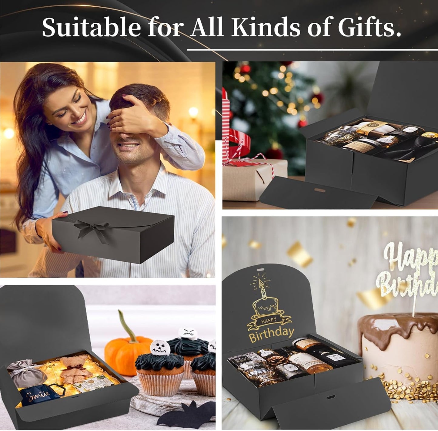 Ocmoiy 12 Pack Gift Boxes with Lids, 10.6x7.8x3.1 Inch Black Paper Gift Box with Ribbon, Bridesmaid Proposal Box for Wedding, Packaging, Baby Shower, Birthday, Christmas, Party, Present Crafting