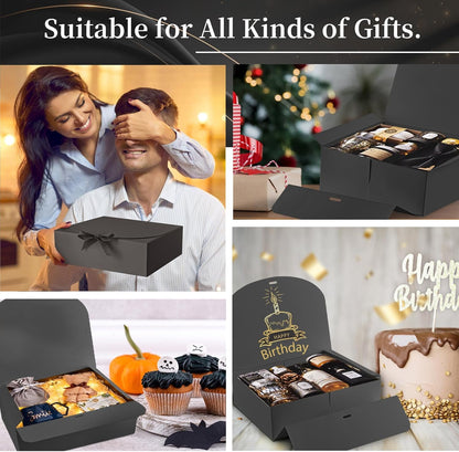 Ocmoiy 12 Pack Gift Boxes with Lids, 10.6x7.8x3.1 Inch Black Paper Gift Box with Ribbon, Bridesmaid Proposal Box for Wedding, Packaging, Baby Shower, Birthday, Christmas, Party, Present Crafting