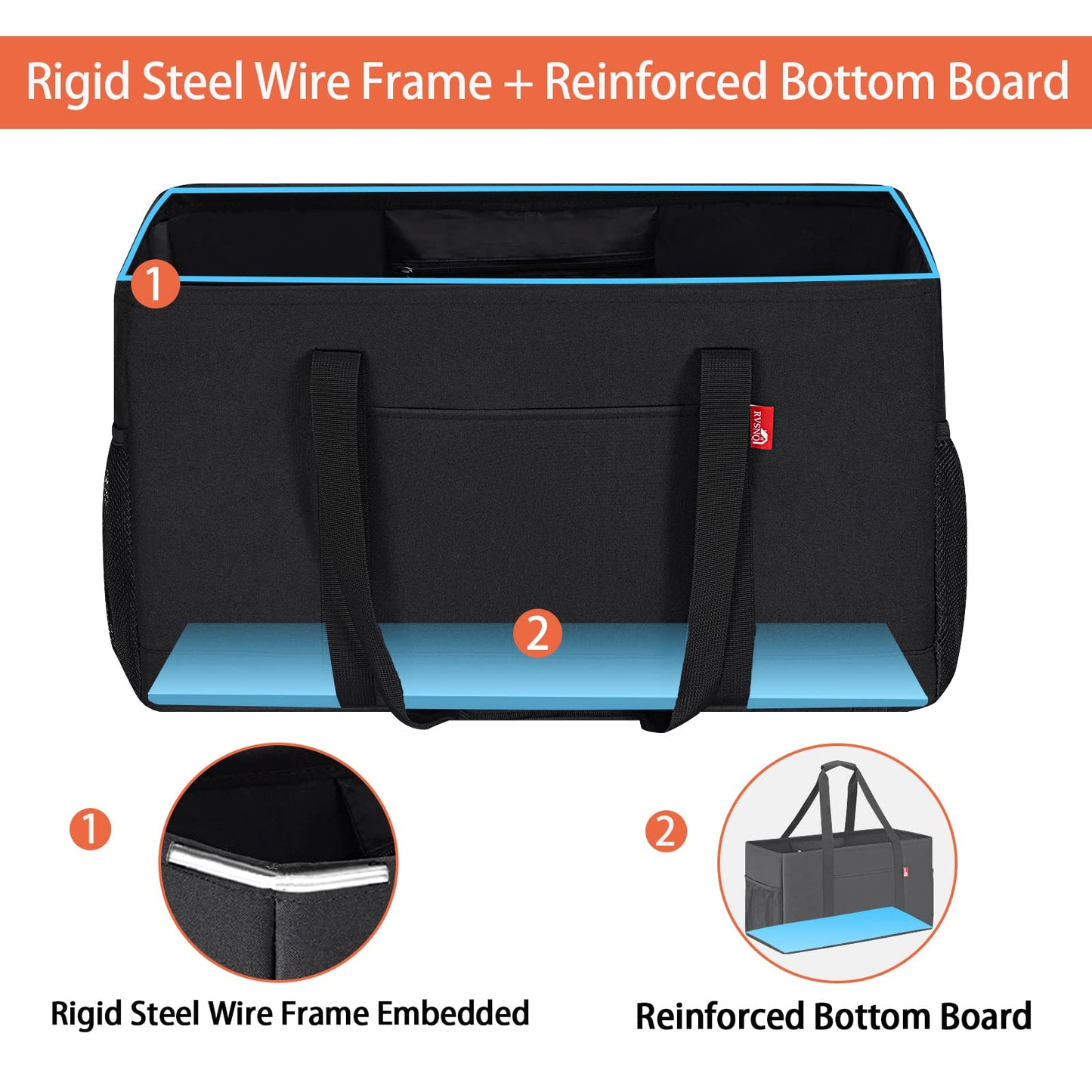 RVSNQ Extra Large Utility Tote Bag, Foldable Reusable Grocery Bags with Metal Wire Frame & Reinforced Bottom Board, Stand Up Large Utility Tote for Shopping, Beach Bag, Laundry, Car (Black)