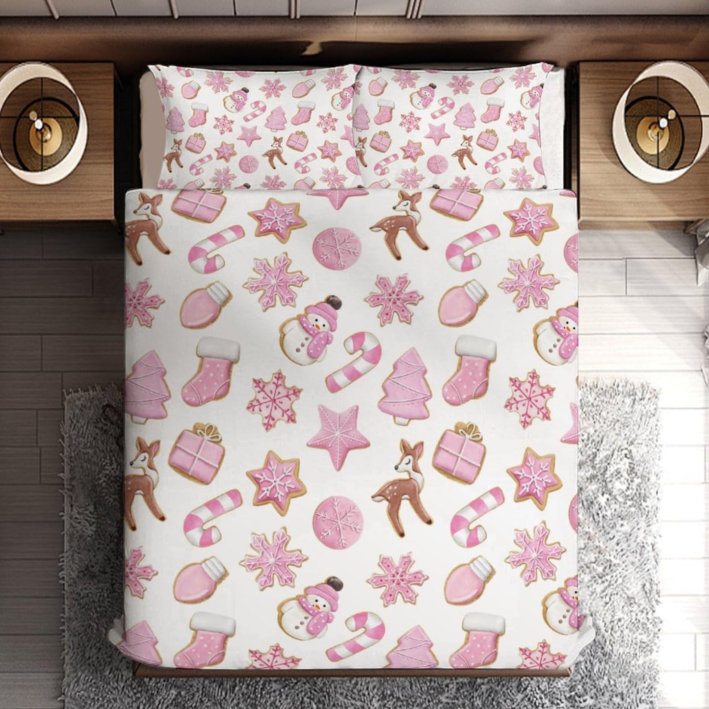 Delerain Comforter Cover Set Queen Size, Pink Christmas Gingerbread Cookies 3-Piece Bedding Set for Women Men Modern Soft Microfiber Bedroom Set Room Decor, 1 Duvet Cover + 2 Pillowcases