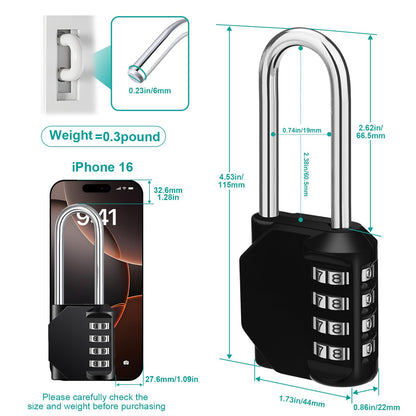 ZHEGE Long Shackle Padlock, 4 Digit Combination Lock, Resettable Combo Lock for School, Gym Employee Locker, Outdoor, Fence (Black)