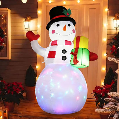 5FT Christmas Inflatables Snowman with Gift Box & Rotating Lights, Blow Up Snowman Outdoor Decoration LED Lighted Snow Man Christmas Decor for Yard Patio Garden Lawn Xmas Holiday Indoor Party