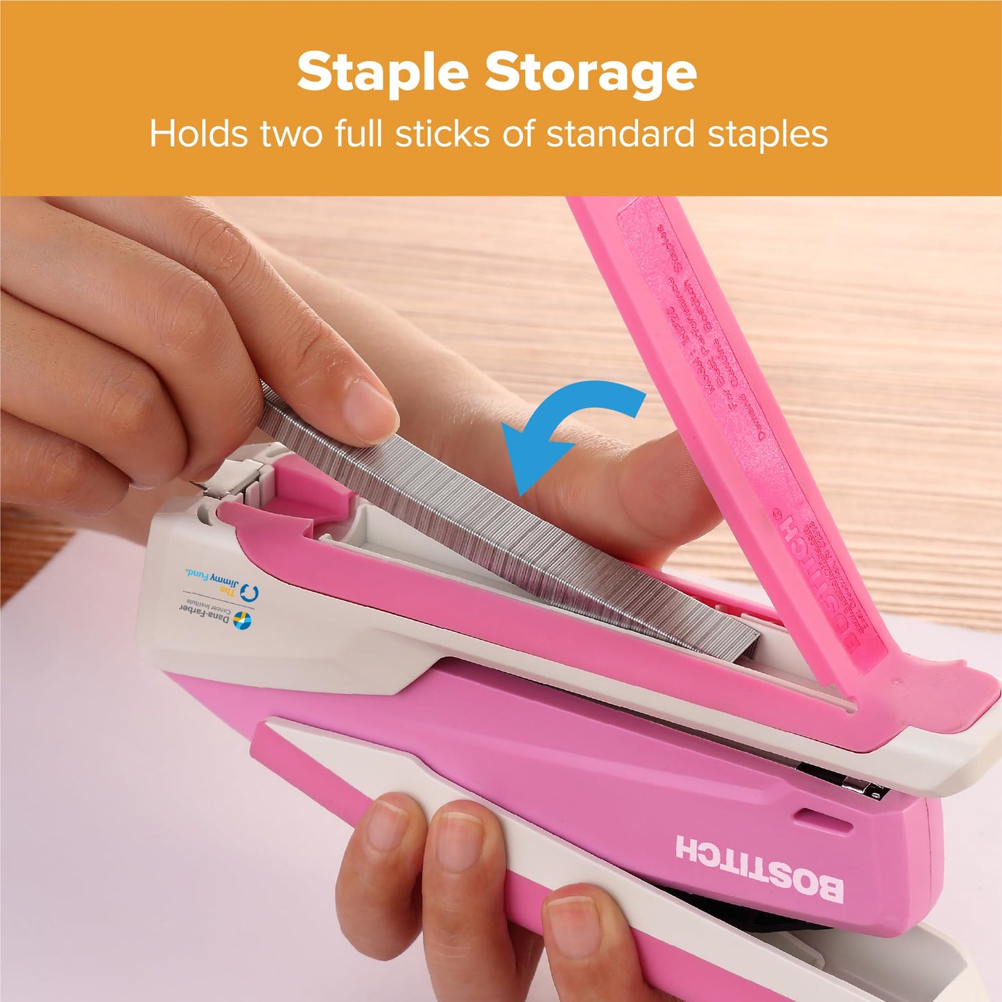 Bostitch Office InPower Spring-Powered Desktop Stapler, 20 Sheet Capacity, One Finger Stapling, Includes 210 Staples, Jam Free, Opens for Tacking, Breast Cancer Awareness Pink