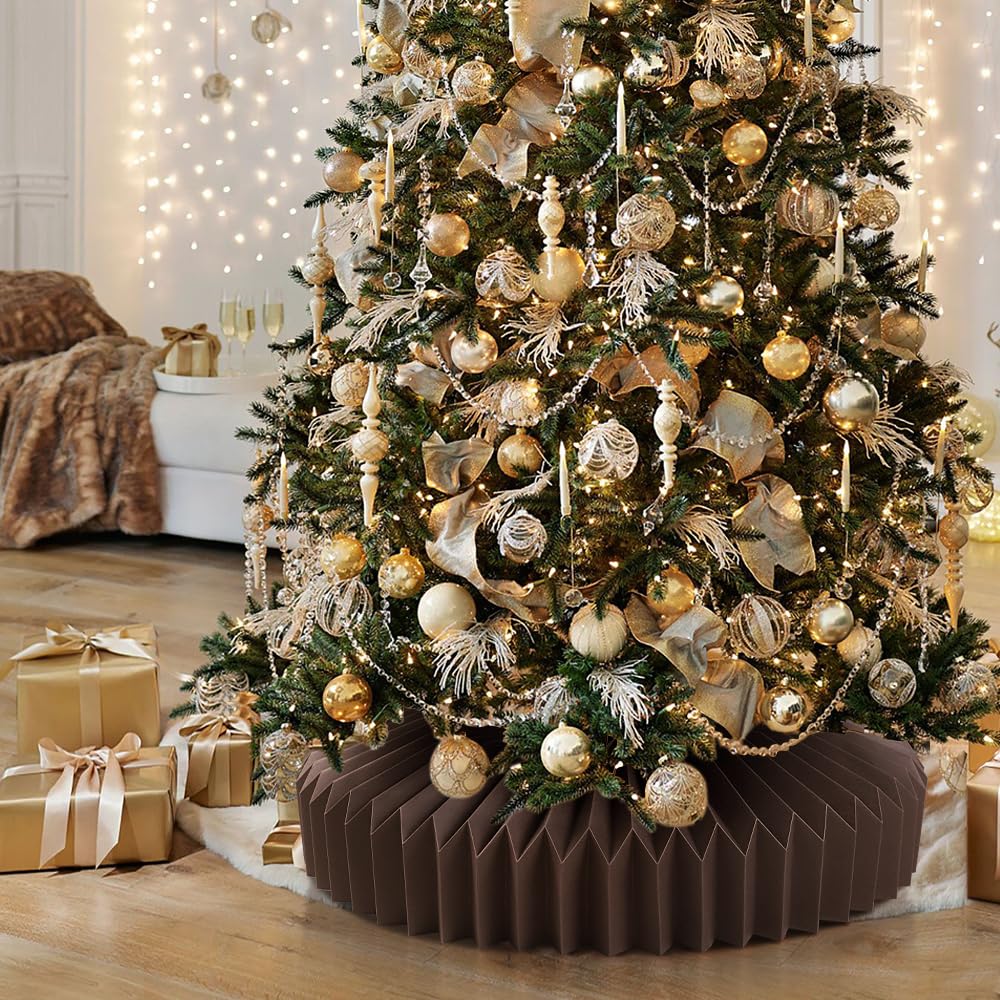 JOICEE Honeycomb Christmas Tree Collar,Foldable Paper Christmas Tree Ring Modern Tree Base Cover Basket Skirt Collars for Artificial Trees Christmas Holiday Home Decoration (Brown)