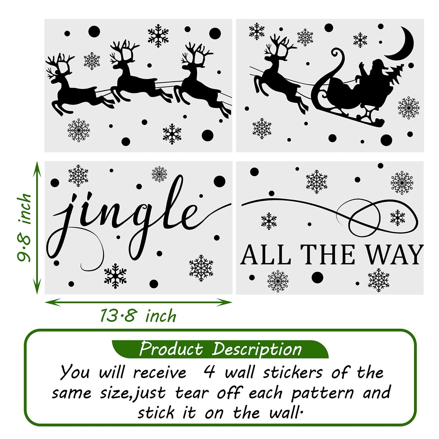 Chinco 4 Sheets Christmas Wall Decal Decor Santa Reindeer Snowflake Window Clings Vinyl Wall Art Decal Removable for Christmas Party Supplies Home Window Decor