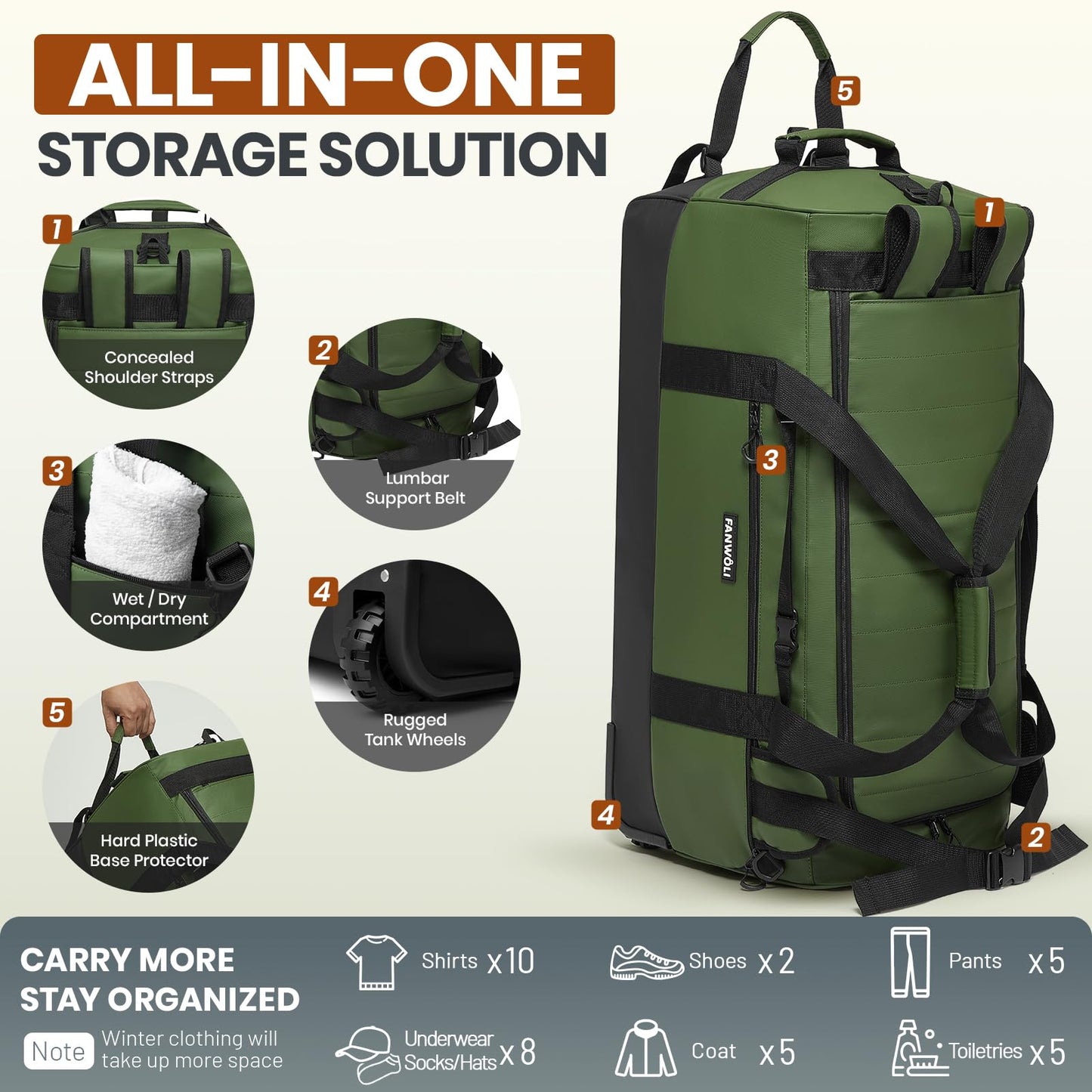 Fanwoli 100L Rolling Duffel Bag with Wheels, Durable Travel Duffel Backpack with Hidden Straps & Waist Support, Waterproof Foldable Luggage for Outdoor, Airport & Camping, Men/Women,Green
