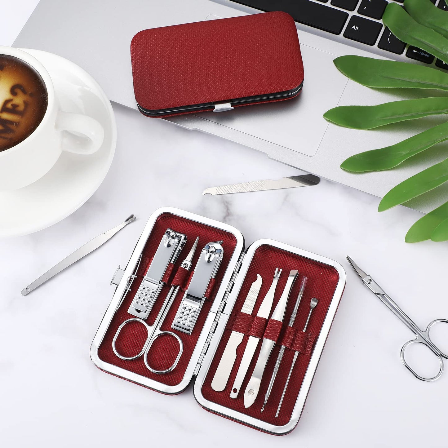 Geosar 12 Sets Manicure Set Nail Clippers Pedicure Kit 8 in 1 Grooming Stainless Steel Kits Nail Care Tools with Travel Case for Employee Coworker Teachers Nurse Gifts(Wine Red)