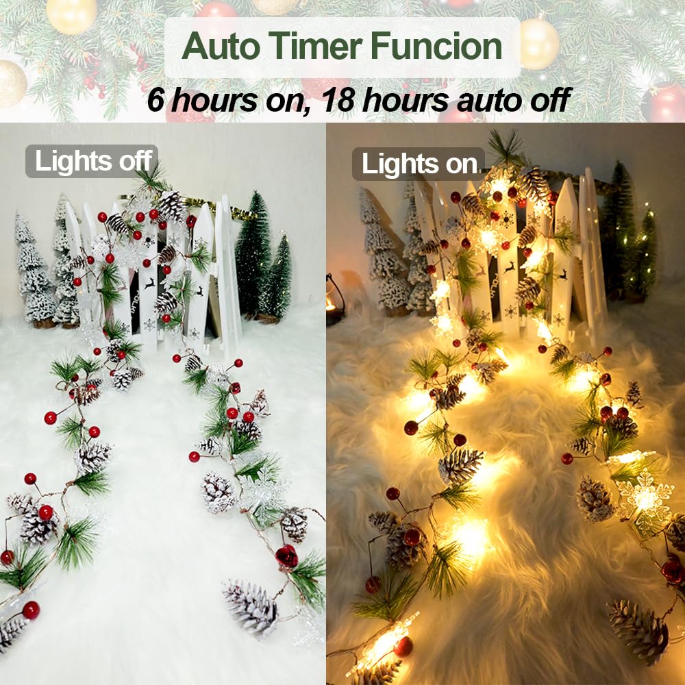 Pine Garland with Lights Christmas Garlands 6.56FT 20 Snow LED Battery Operated Garland with Red Berry and Holiday Pinecones Prelit Lights for Home Windows Fireplace Stairs Christmas Tree Decortions