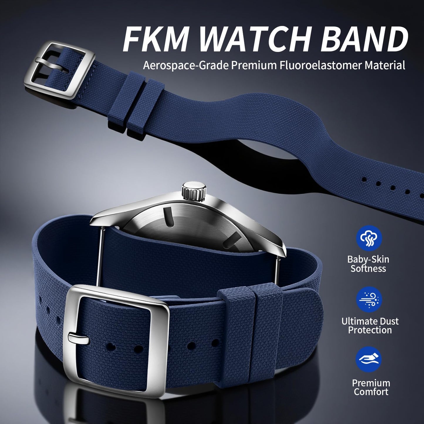 ULLCHRO Watch Strap FKM Rubber Watch Strap 20mm Waterproof Silicone Replacement Band 22mm, Soft Rubber for Man Watch Band (20mm, Navy Blue)