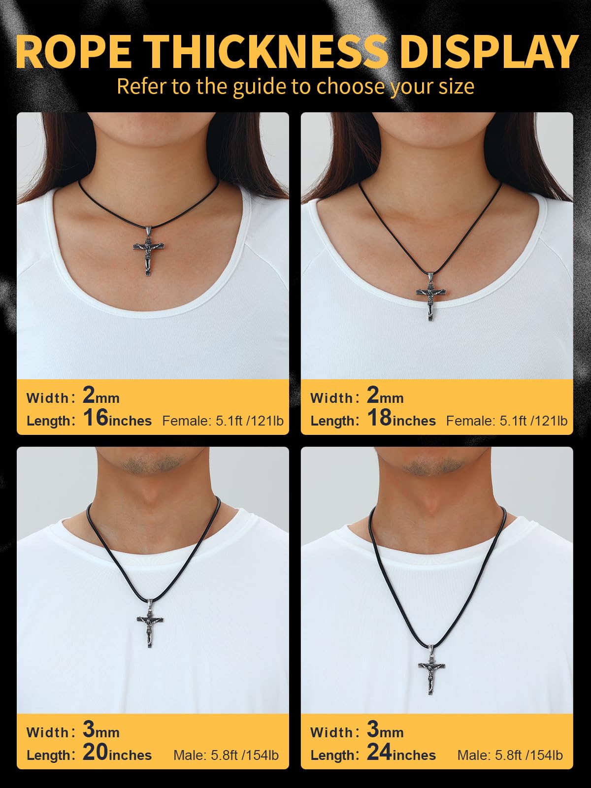 U7 Black Leather Cord Necklace with Stainless Steel Clasp, Men Women 2mm Wide Woven Wax Rope Chain for Pendant, Length 16 Inch
