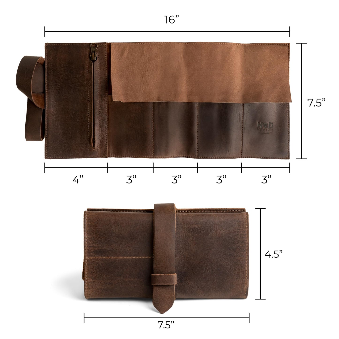 Hide & Drink, Watch Roll Organizer with Zippered Pouch, Easy Carry On Watchlover Storage, Travel Essentials Gift, Full Grain Leather, Handmade (Bourbon Brown)