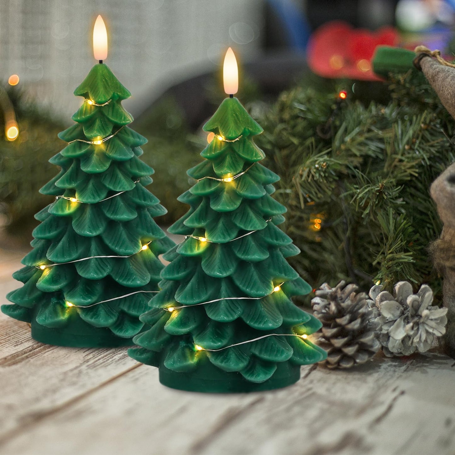 Wondise Christmas Tree Flameless Candles with String Lights 11-Key Remote and Timer, Real Wax Battery Operated 3D Wick LED Flickering Candles for Christmas Holiday Indoor Dinner Decor(3" x 7.1")