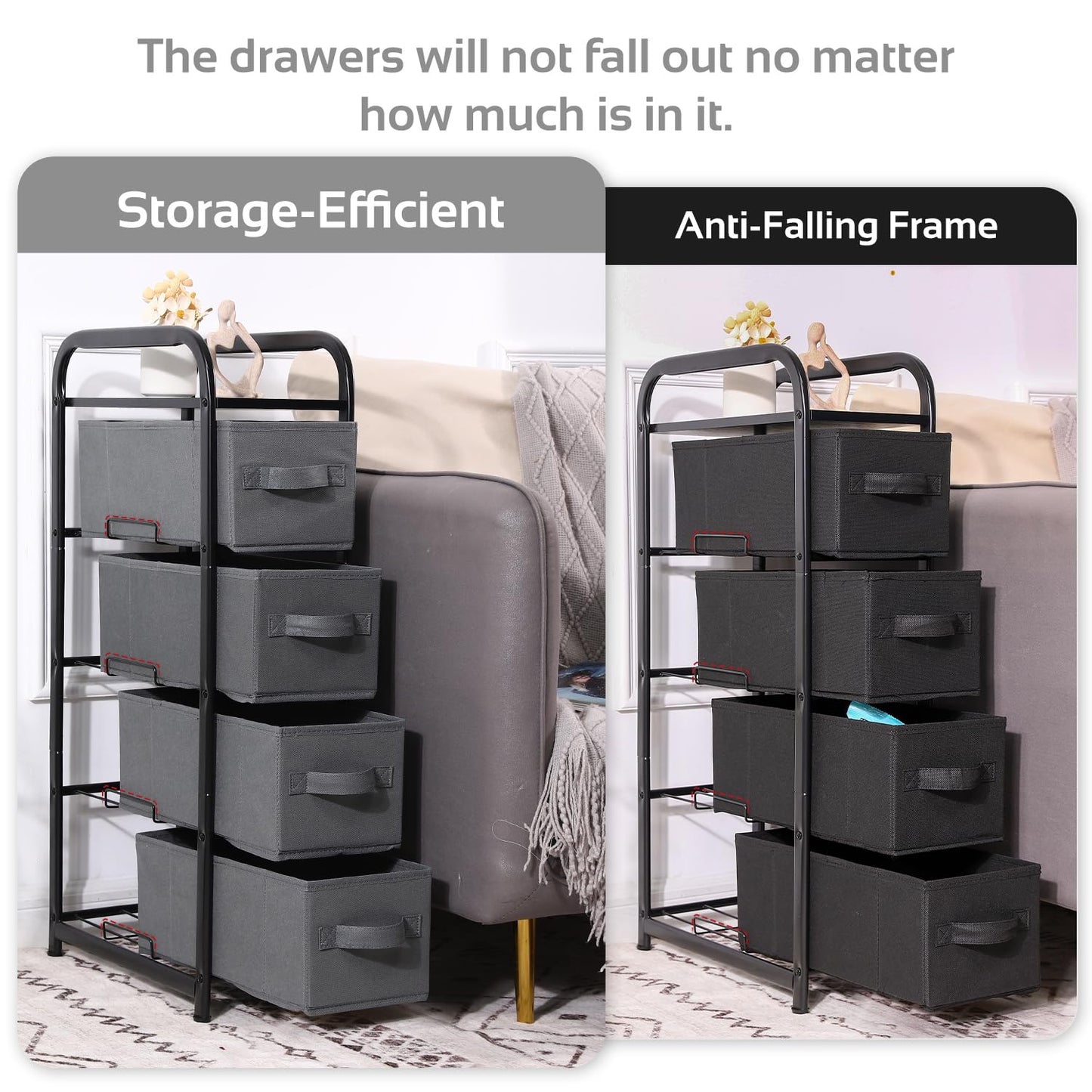 MAX Houser 4 Drawer Narrow Dresser Fabric Storage Tower Vertical Slim Storage Chest Organizer Nightstand Side/End Table Small Standing Organizer Removable Drawers Wood Top for Bedroom, Bathroom（Grey