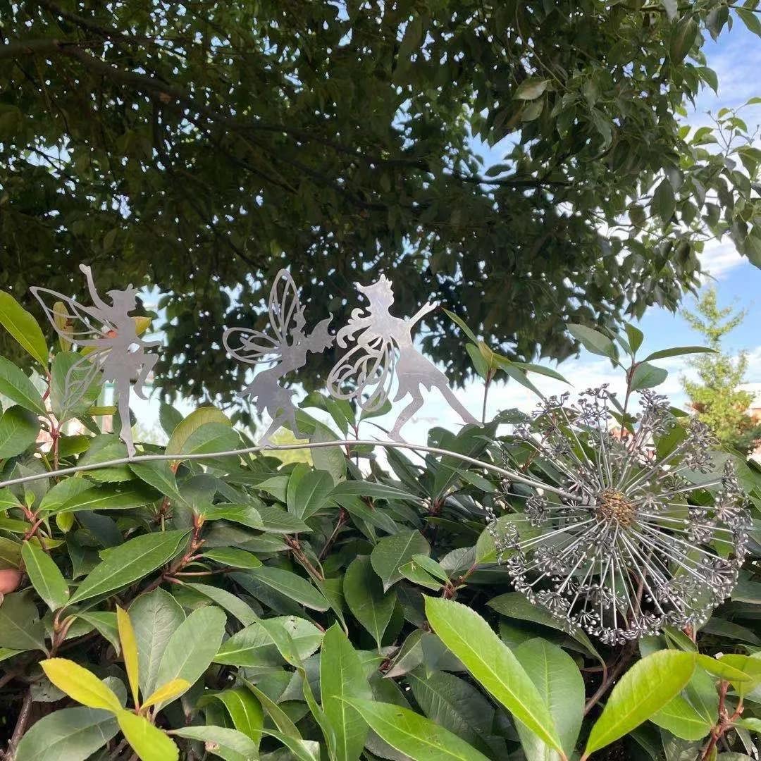 Fcteap Flower Fairy Dancing with Dandelion Garden Art Sculpture Stainless Steel Statue Christmas Halloween Decoration for Outdoor Yard Courtyard Lawn Patio Metal Ornaments (Three Persons)