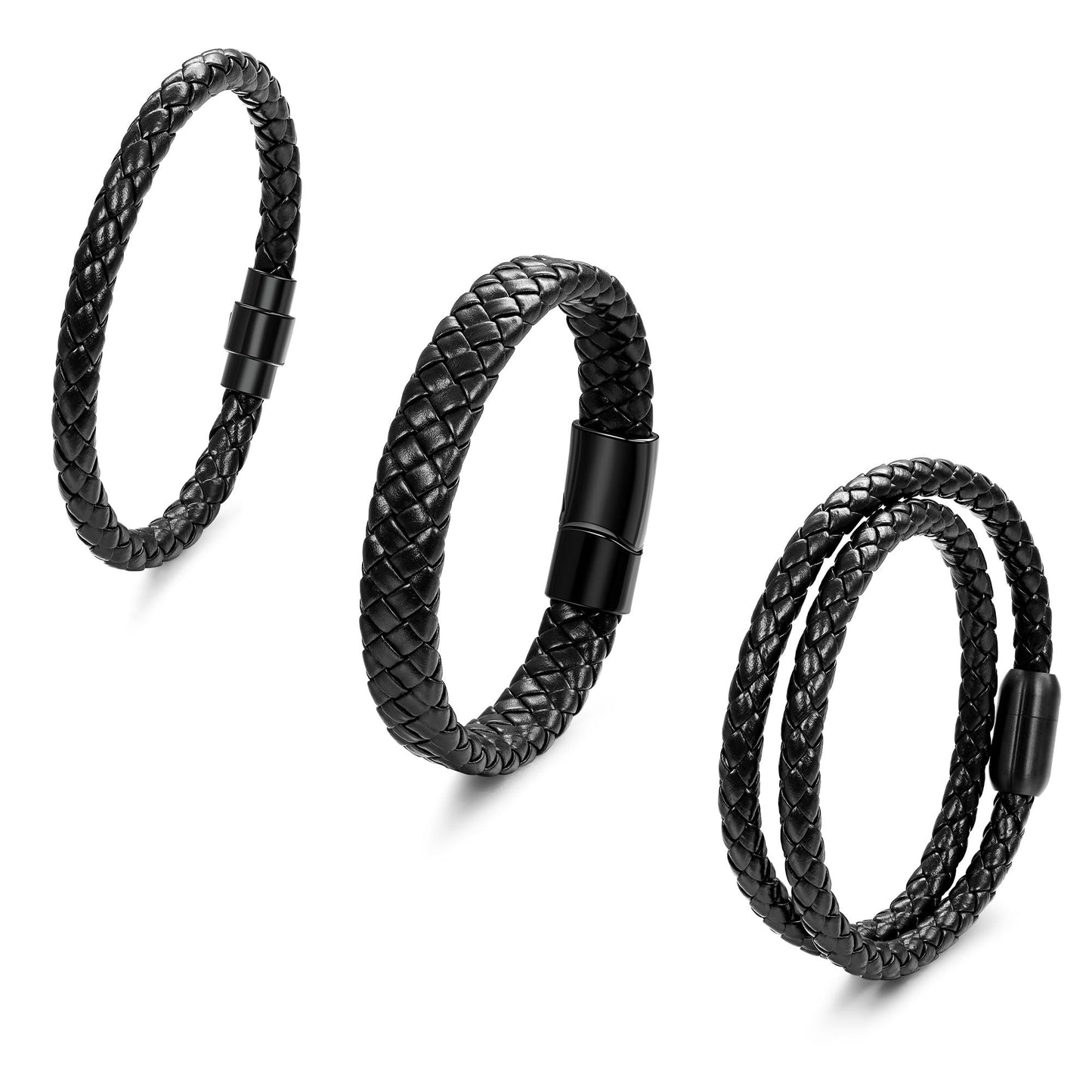 SOMEITIA 3Pcs Genuine Italian Braided Leather for Men Women Leather Wrist Cuff Bracelets Black Brown Stainless Steel Clasp Wrap Wristband Black 7.5 Inch