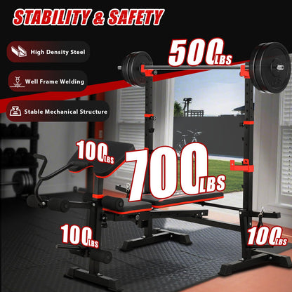 1500LBS 6 in 1 Weight Bench Set with Leg Extension/Curl and Preacher Curl, Bench Press Set and barbell Rack with Safety Bar Catches, Foldable Workout Benches for Home(US Stock)
