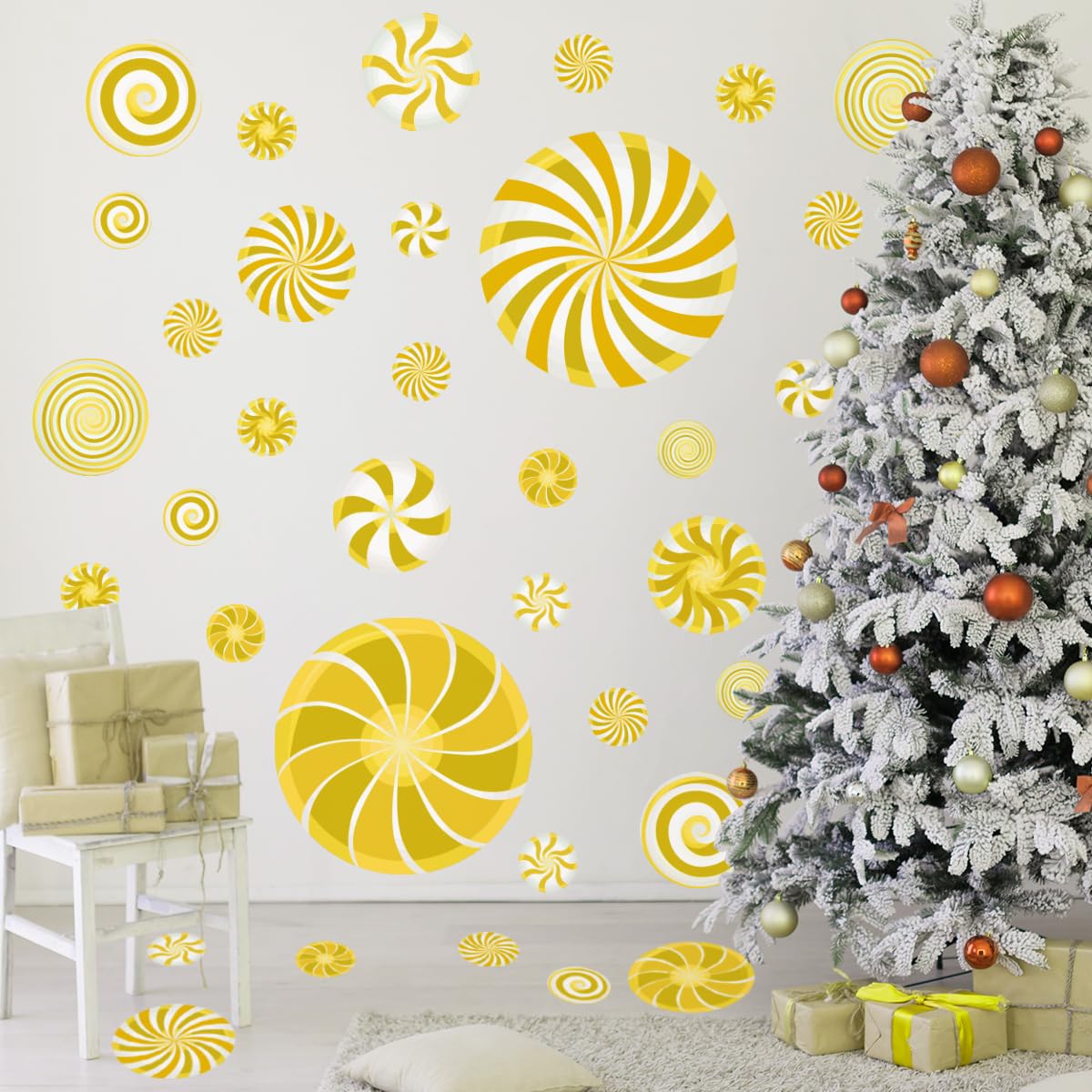 77 Pcs Christmas Candy Wall Decals Decorations Christmas Wall Stickers Gold Peppermint Candy Floor Decals for Xmas Candyland Party Decorations