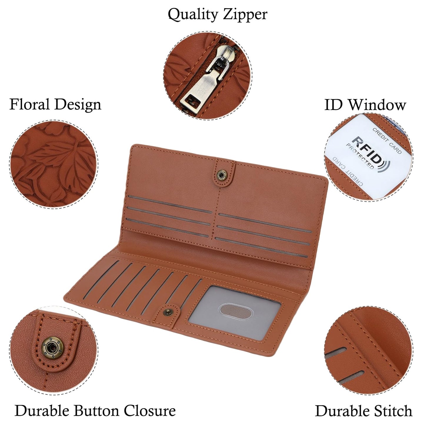 Bakurok Wallet Women Slim Thin RFID Blocking Bifold Floral Minimalist Vegan Leather Card Holder with Zipper Pocket ID Window