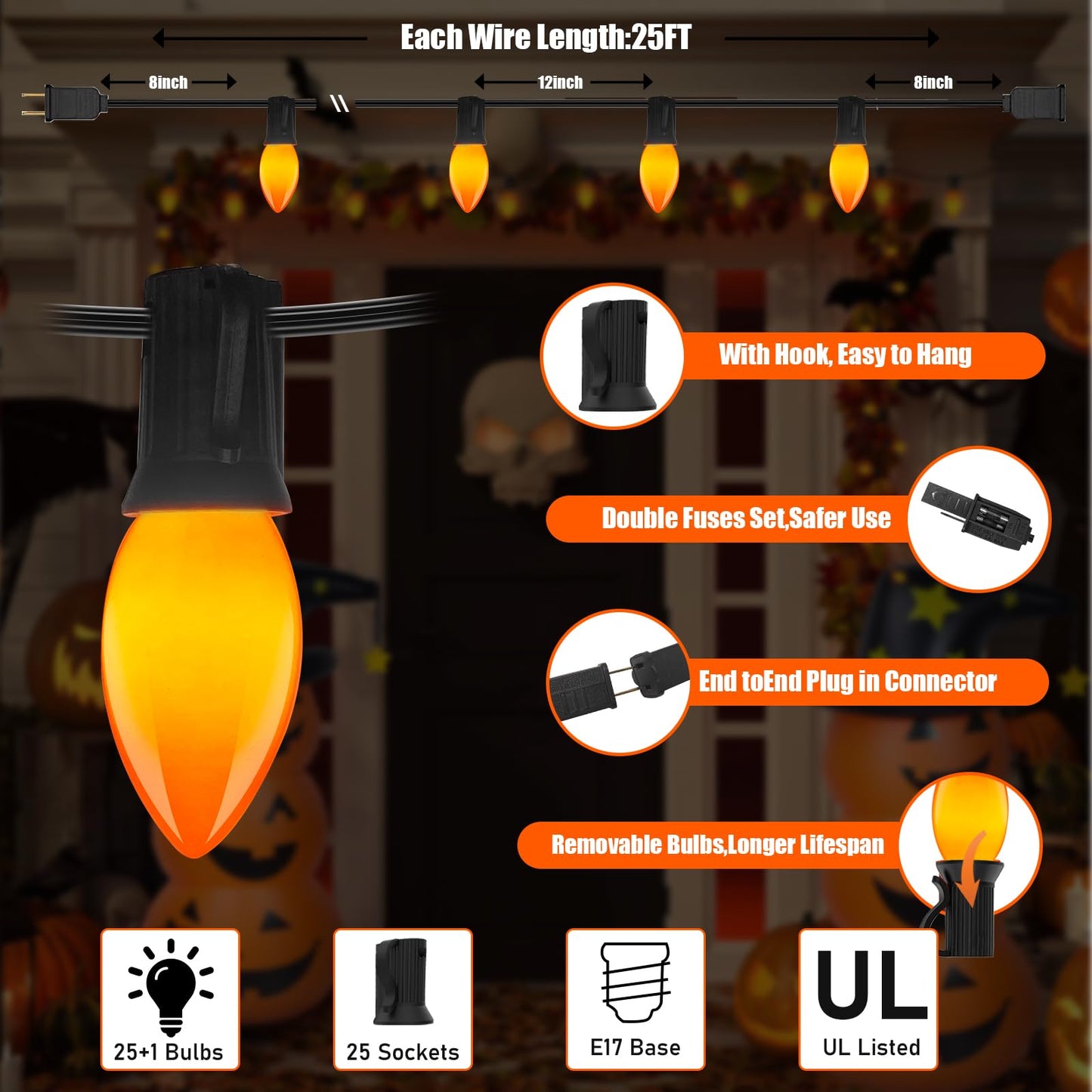 Pallerina C9 LED Orange Halloween Lights, 25 Foot 26 Bulbs String Lights, 120V Energy Saving, IP44 Weather Resistant Connectable Lights for Patio, Roofline, Garden, Festival Decoration