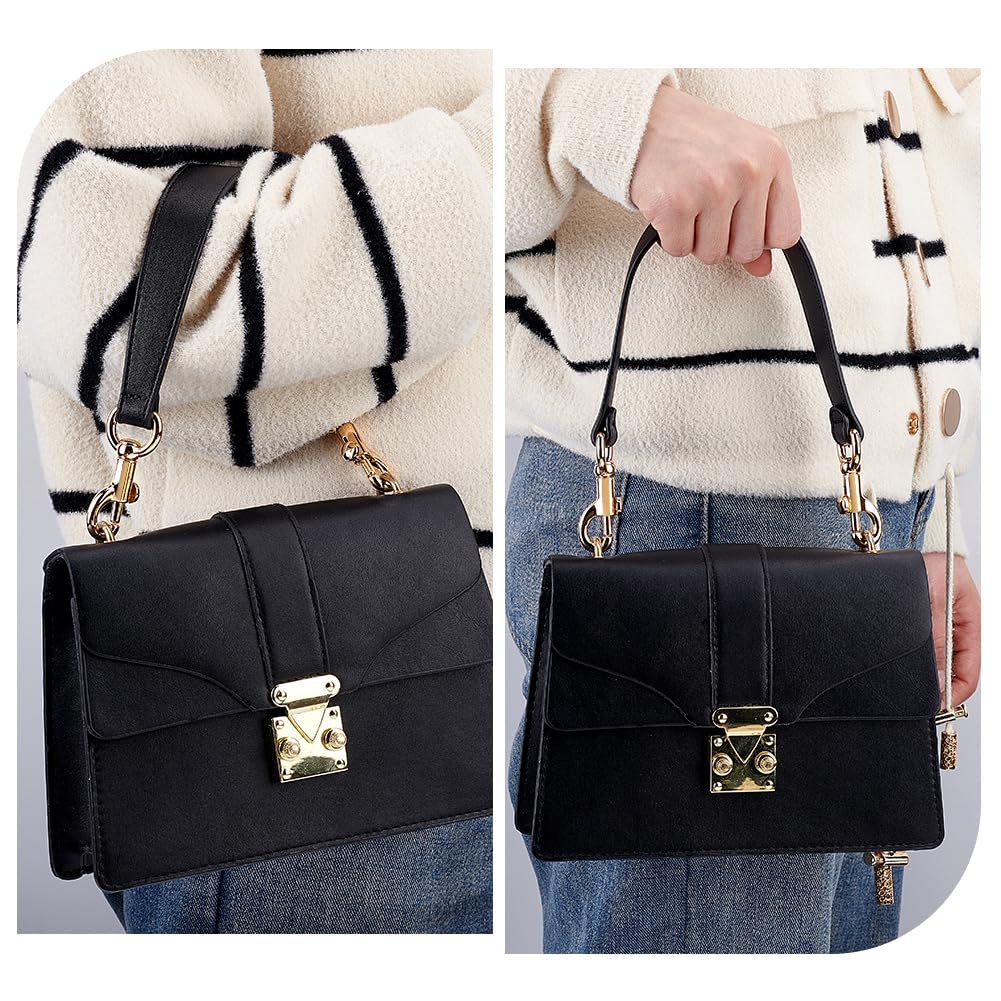 PH PandaHall 15 Inch Short Purse Strap, 1.1 Inch Wide Genuine Leather Bag Strap Black Bag Handles Replacement Puse Handles for Women Men DIY Underarm Bag Handbag Shoulder Bag, Golden Hardware