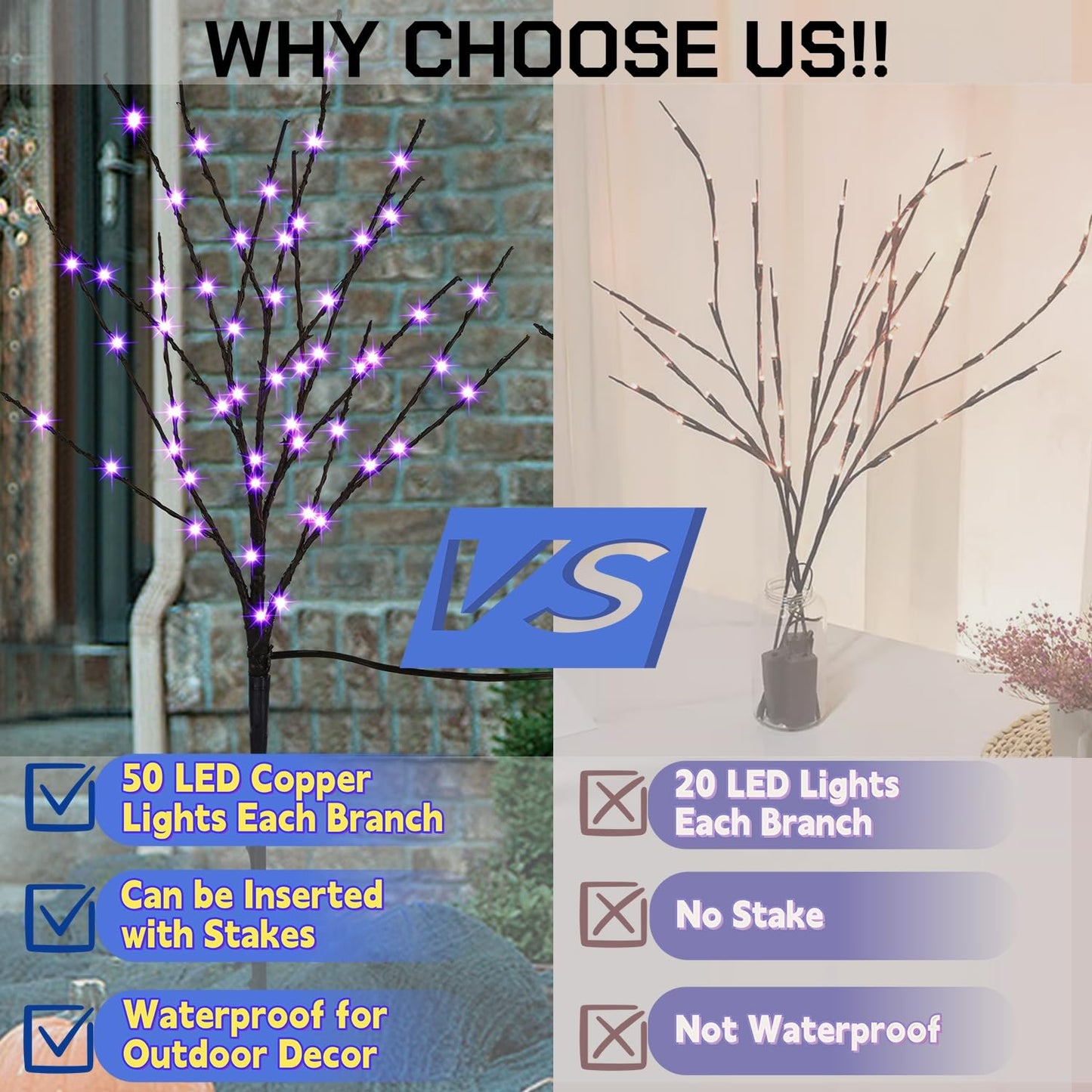 Lighted Halloween Tree Branches, 30IN 100LED Artificial Black Twig Branch with Purple Fairy Lights, Built-in Timer & Battery Operated, Waterproof for Indoor Outdoor Office Bedroom Party Decorations