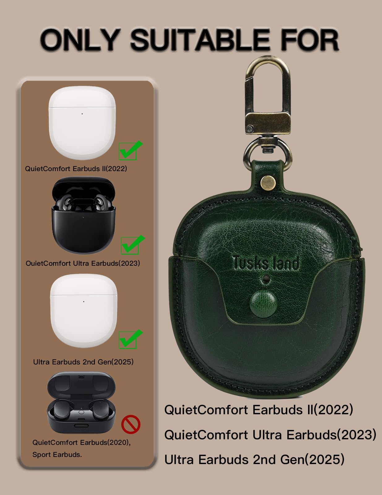 Tusks Land case for Bose QuietComfort Ultra & Bose QuietComfort Earbuds II,Bluetooth Earphone Protective Cover Genuine Leather Earphone Case (Green)