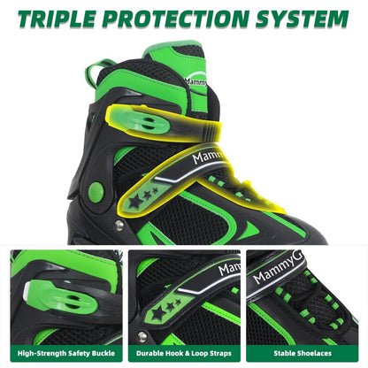 MammyGol Adjustable Inline Skates for Boys Girls Kids Youth with Light up Wheels, Green Beginner Blades Roller Skates for Boys Size 5 6 7 8 Ages 6-12