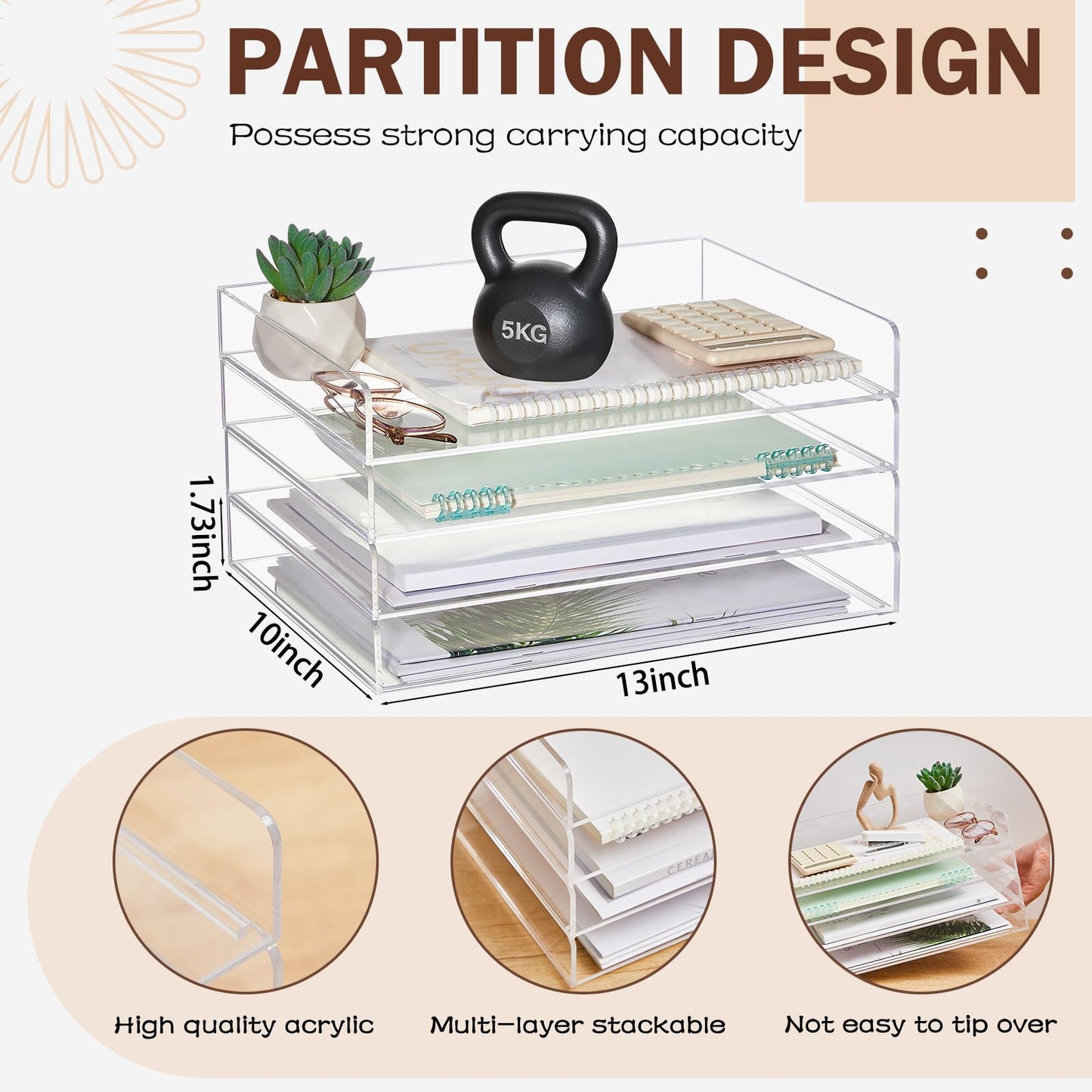 Harloon 4 Tier Acrylic Paper Tray, 13 x 10 x 1.7 Inches, Heavy Duty Stackable Organizer for A4/letter Paper, No Assembly Required, Transparent Acrylic File Storage for Office Workspace Desktop Storage