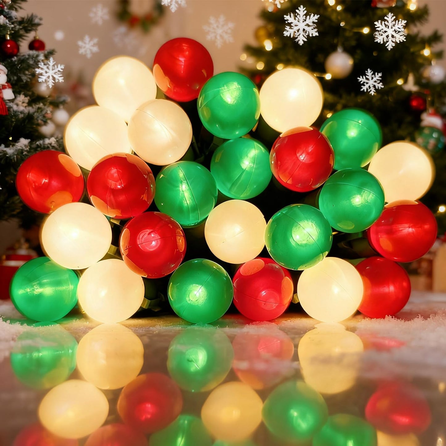 Round Christmas Lights Outdoor 13.5Ft G15 Red Green White Christmas Lights 50 LED Mini Globe String Light Indoor, Shatterproof Connectable & Plug in Xmas Light for Home Wreath Porch Patio Tree Decor