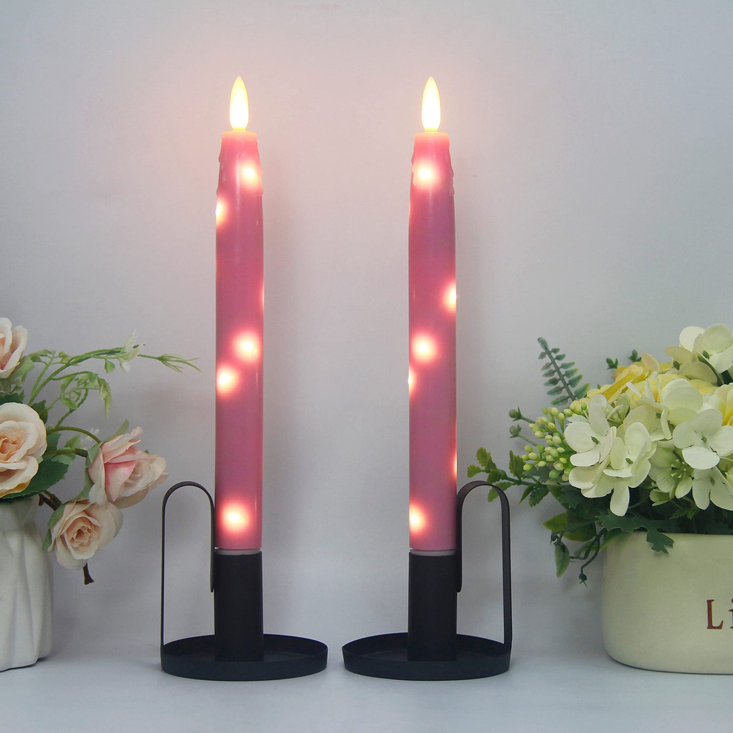 HVTDECOR Flameless Flickering Taper Candles Battery Operated with Embedded String Lights, wtih Timer and Remote, LED Real Wax Tapered Dinner Candle Set of 2 (Pink)
