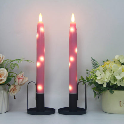 HVTDECOR Flameless Flickering Taper Candles Battery Operated with Embedded String Lights, wtih Timer and Remote, LED Real Wax Tapered Dinner Candle Set of 2 (Pink)