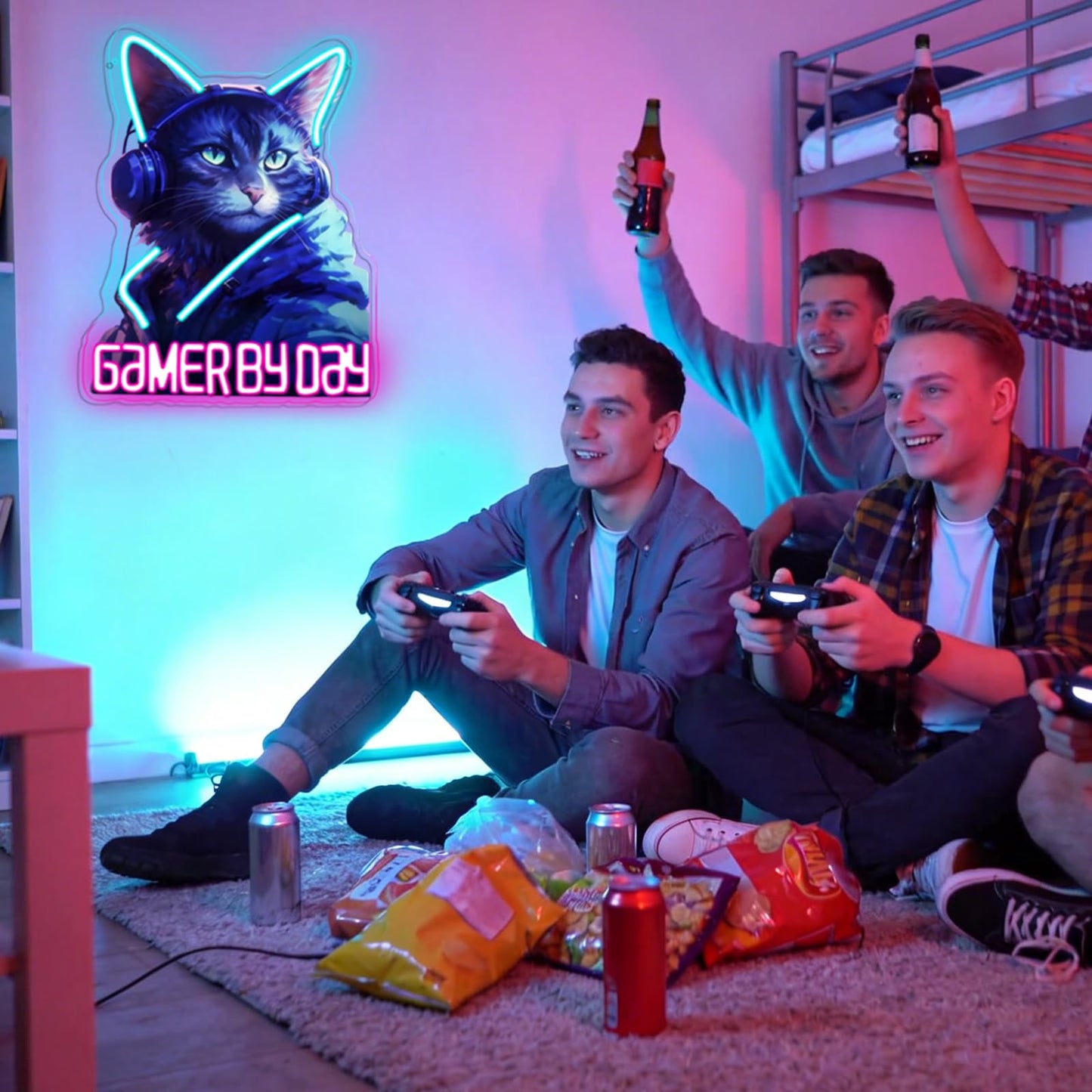 RuCvixkt Gamer By Day Cat Neon Sign, Cool Gaming Cat LED Light, Neon Signs Wall Decor for Game Room, Man Cave, Bedroom, Bar, Gift for Boys Girls Birthday Party Christmas