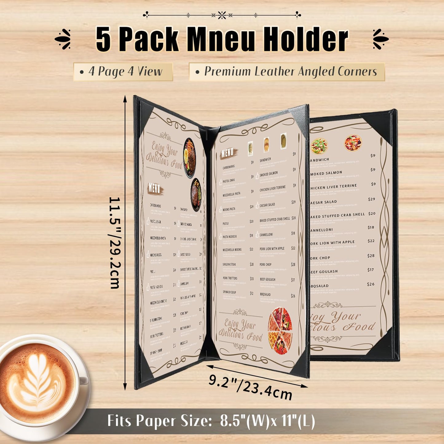 FLKQC Restaurant Menu Covers Holders 8.5 X 11, 5 Pack Synthetic Leather Menu Holder Covers Book Style with Angled Corners Black for Wine List, Certificate Organizer Diploma Holder (3 Page 4 View)