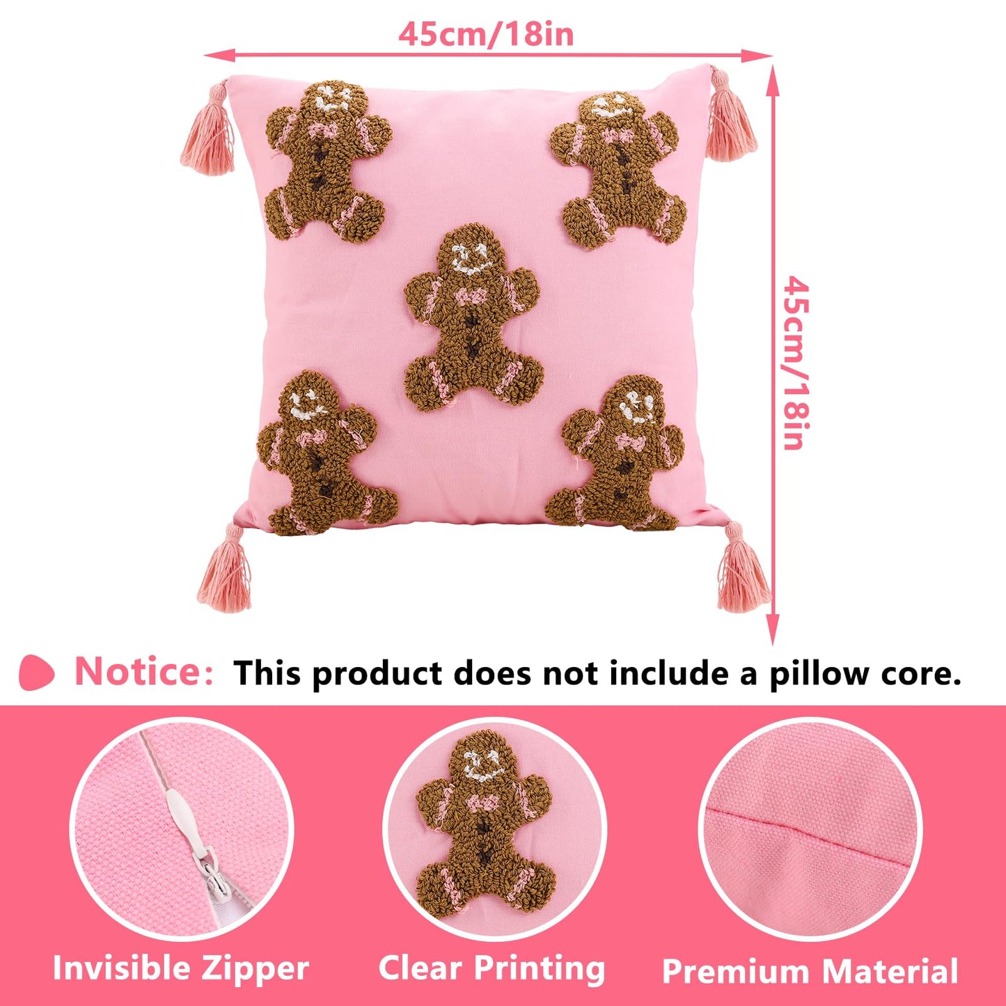 JarThenaAMCS 2Pcs 3D Pink Christmas Pillow Covers Gingerbread Man Throw Pillow Case 18 x 18 Inch Plush Faux Fur Soft Holiday Cushion Cover for Home Office Couch Sofa