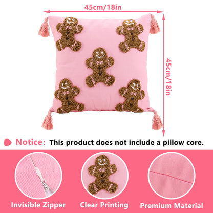JarThenaAMCS 2Pcs 3D Pink Christmas Pillow Covers Gingerbread Man Throw Pillow Case 18 x 18 Inch Plush Faux Fur Soft Holiday Cushion Cover for Home Office Couch Sofa