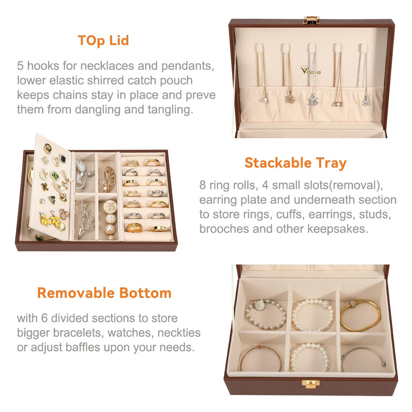 Voova Jewelry Box Organizer for Women Girls, 2 Layer Large Men Jewelry Storage Case, PU Leather Display Jewellery Holder with Removable Tray for Necklace Earrings Rings Bracelets, Caramel Brown