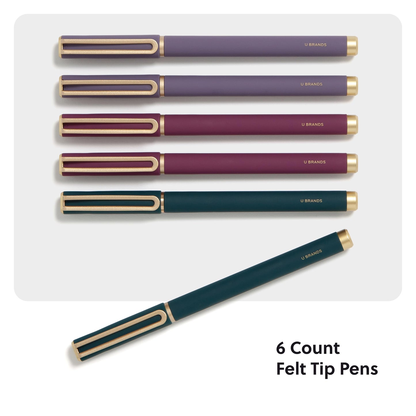 U Brands Catalina Felt Tip Pens, Set of 6 Black Ink Pens, Soft Touch Jewel Tones, Gold Details, Medium (0.7 mm) Point