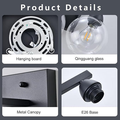 5-Light Bathroom Light Fixtures, Black Vanity Light with Premium Hand-Blown Glass Shades, Ultra-Clear & Impact-Resistant, Wall Lamp for Mirror, Living Room, Kitchen