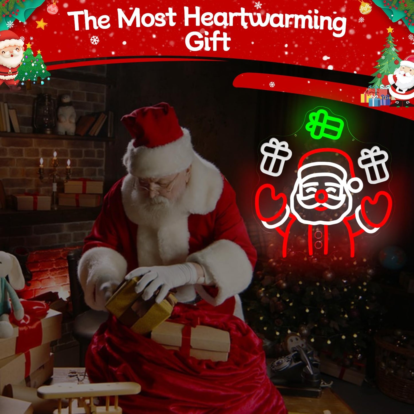 Santa Claus Neon Sign Waving Santa Window Neon Light for Wall Decor Dimmable Christmas Light Up Sign Led Santa Throwing Gift Box Decoration for Party
